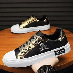 Spring New Shoes for Men Leather Casual Shoes Street Cool Skulls White Flat Skateboard Shoes Youth Lace-up Sneakers