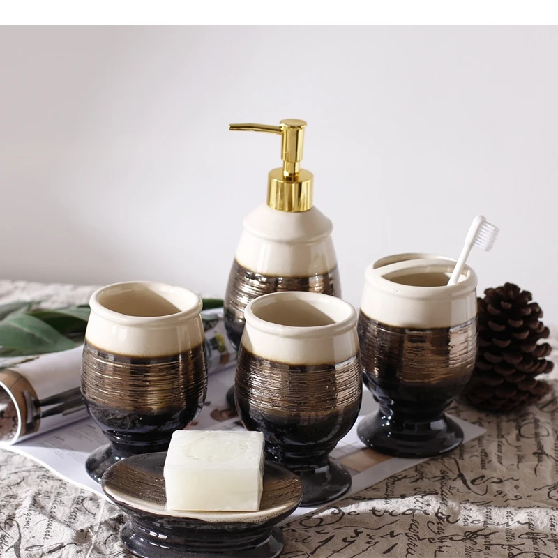 European Style Bathroom Five-piece Ceramic Wash Kit Home Accessories Set Hotel Hand Soap Bottle Dish Mouthwash Cup