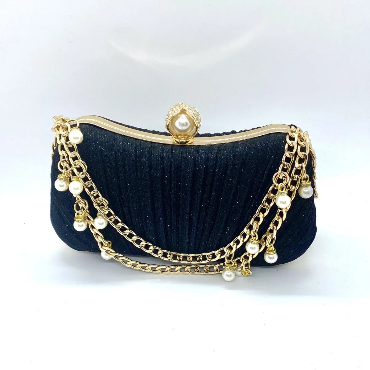 

Retro Black Gold Wrinkled Clutches Handbags For Women Wedding Party Chain Shoulder Bags Fashion Banquet Dinner Evening Bag Purse