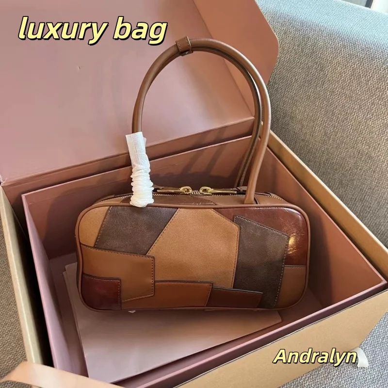 

Роскошная сумка высокого качества, новый контрастный портфель из натуральной кожи с вышивкой, модные ретро сумки для боулинга, женская сумка-тоут на одно плечо