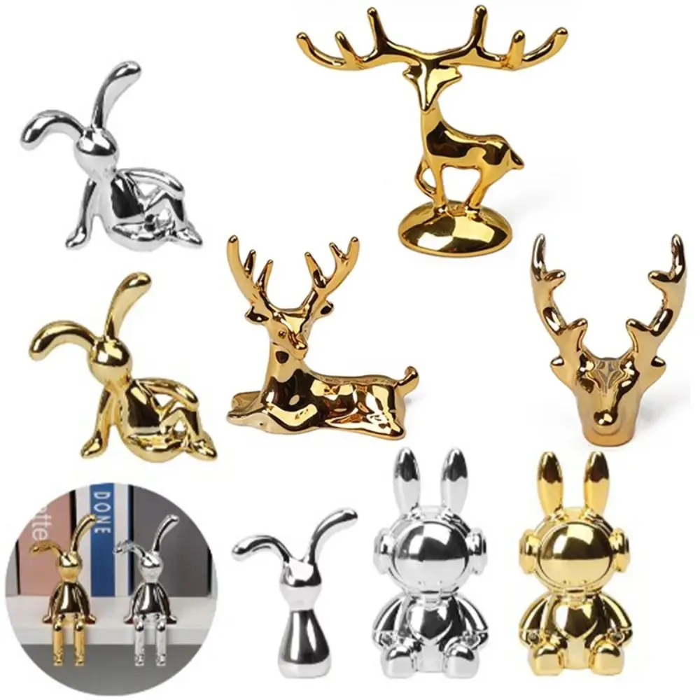 6Pcs Cute Elk Deer Rabbit Decorative Statue Plastic Electroplated Car Dashboard Toys Handicraft Long Eared Rabbit