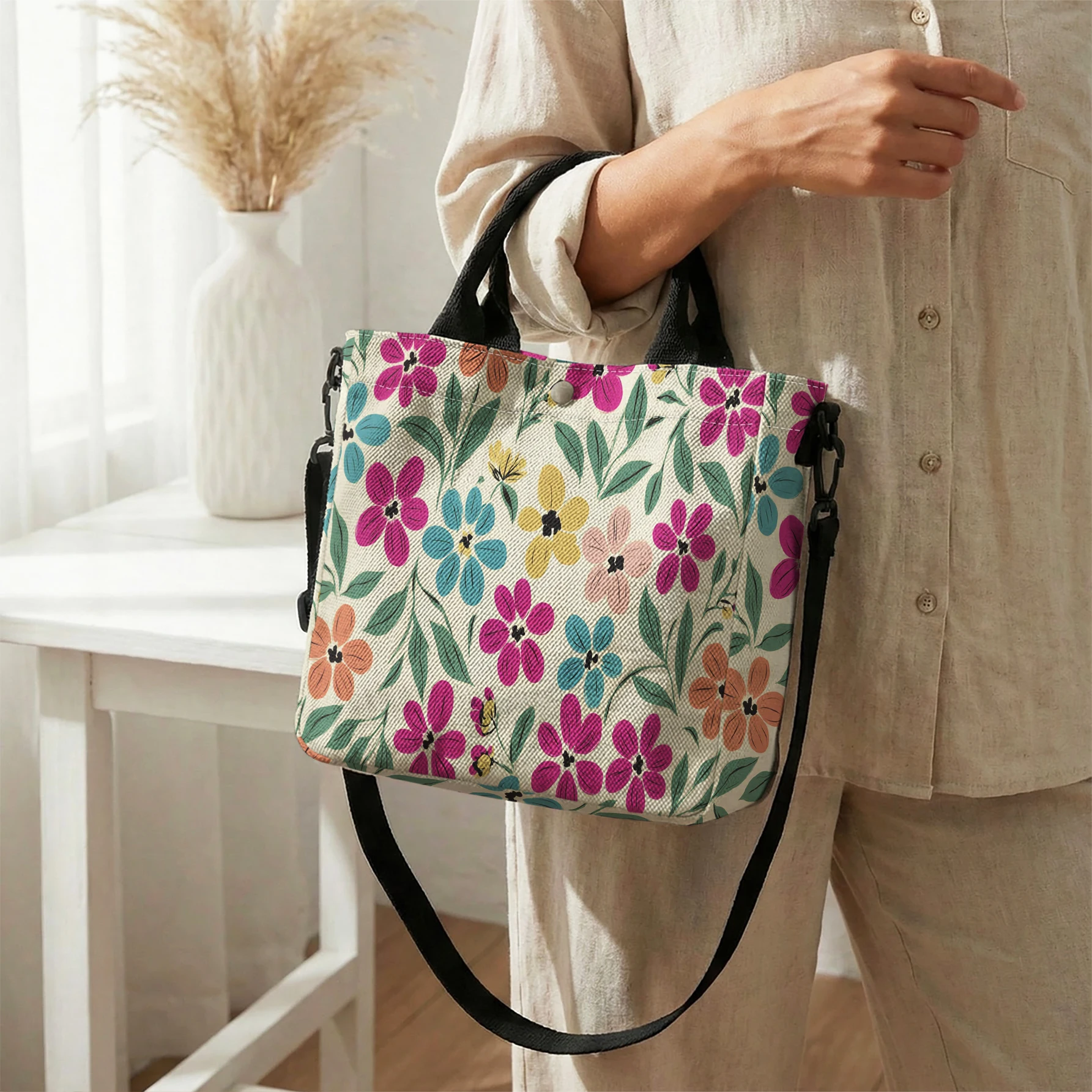 Colorful Bright Floral Print Tote Bag Large Capacity Shoulder Bag For Shopping Travel Daily Use