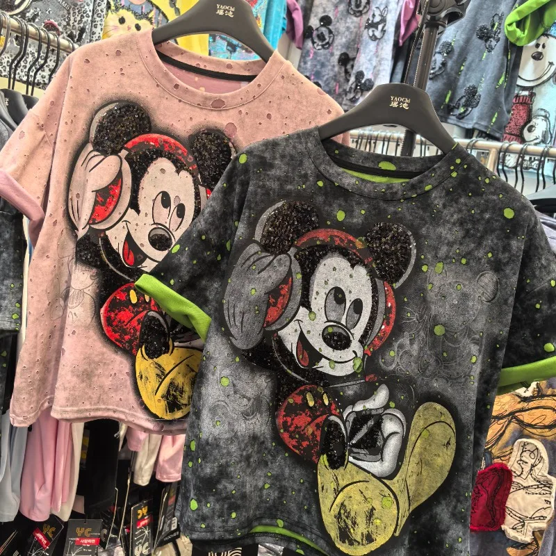 

American Style Retro Short Sleeved T Shirt Women Summer New Washed Old Loose Mickey Digital Spray Printed Beading Harajuku Tops