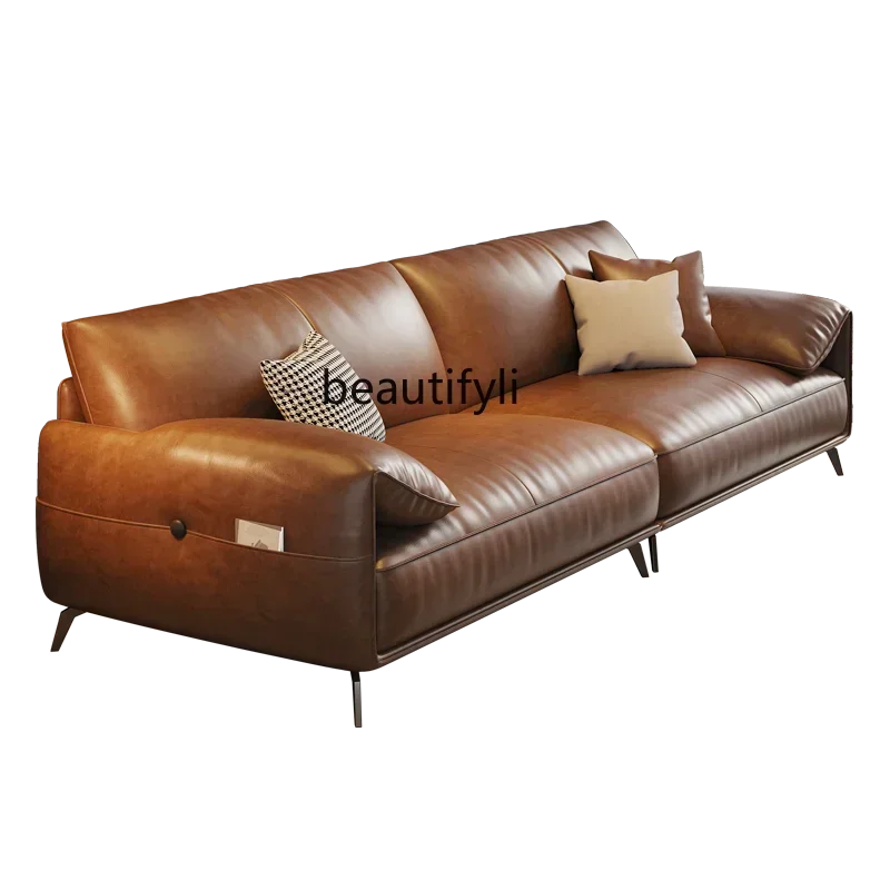178CC Italian light luxury leather sofa living room simple first layer cowhide straight row oil wax leather sofa