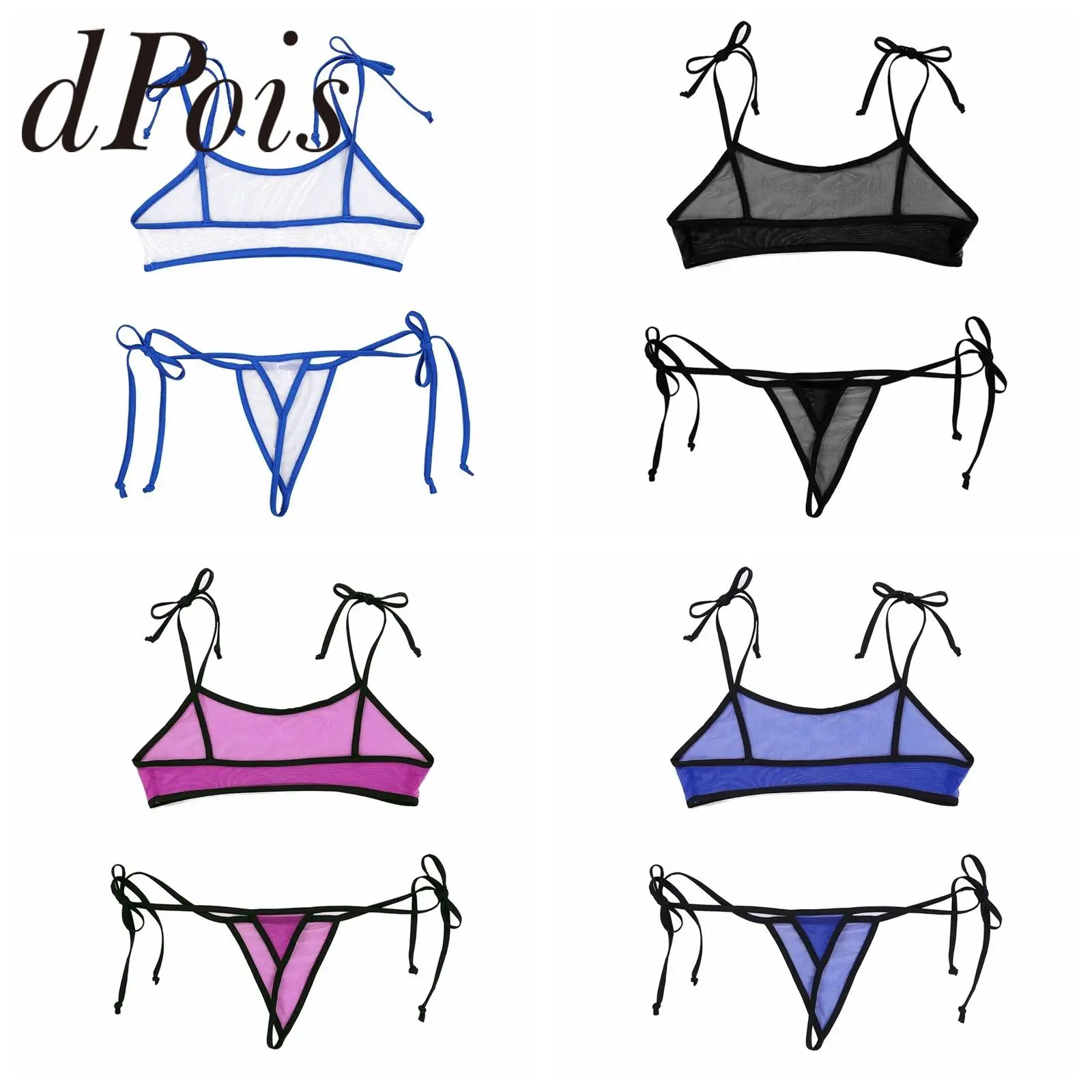 

2 шт., сексуальное женское сетчатое прозрачное нижнее белье, мини-бикини, купальный костюм, микро-бюстгальтер с завязками, топ + стринги, трусы, купальник