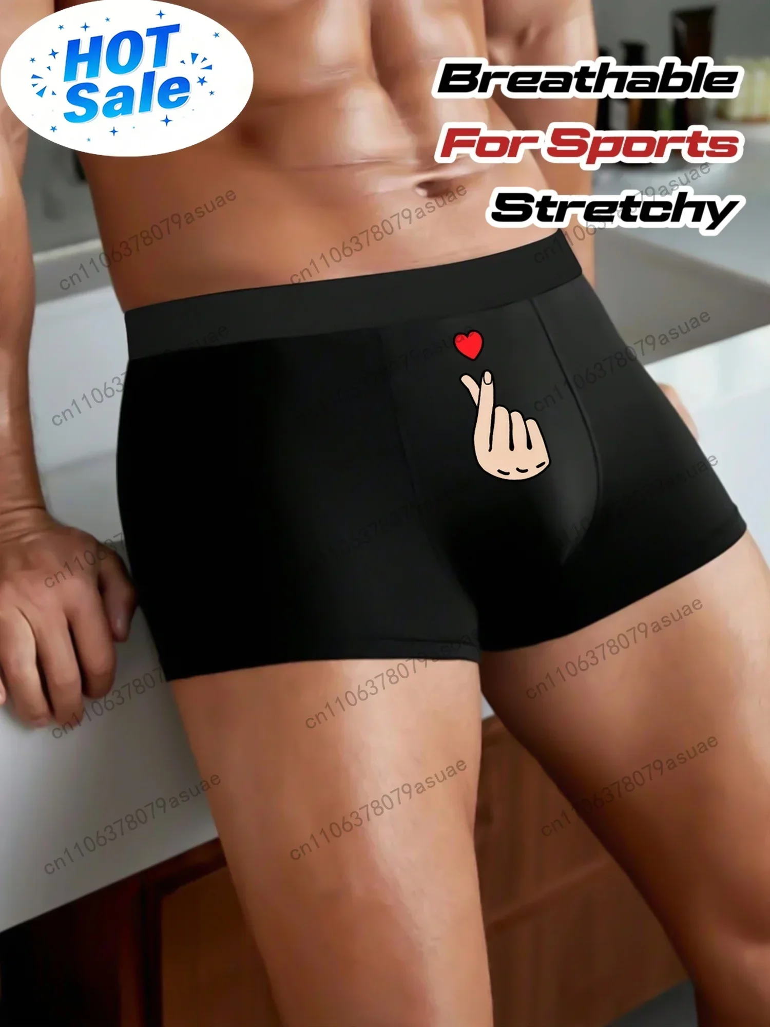 1 Men's Creative Heart-Shaped Hand Gesture Print Boxer Briefs Breathable Soft Stretchy Underwear Trendy Pattern for Sports and