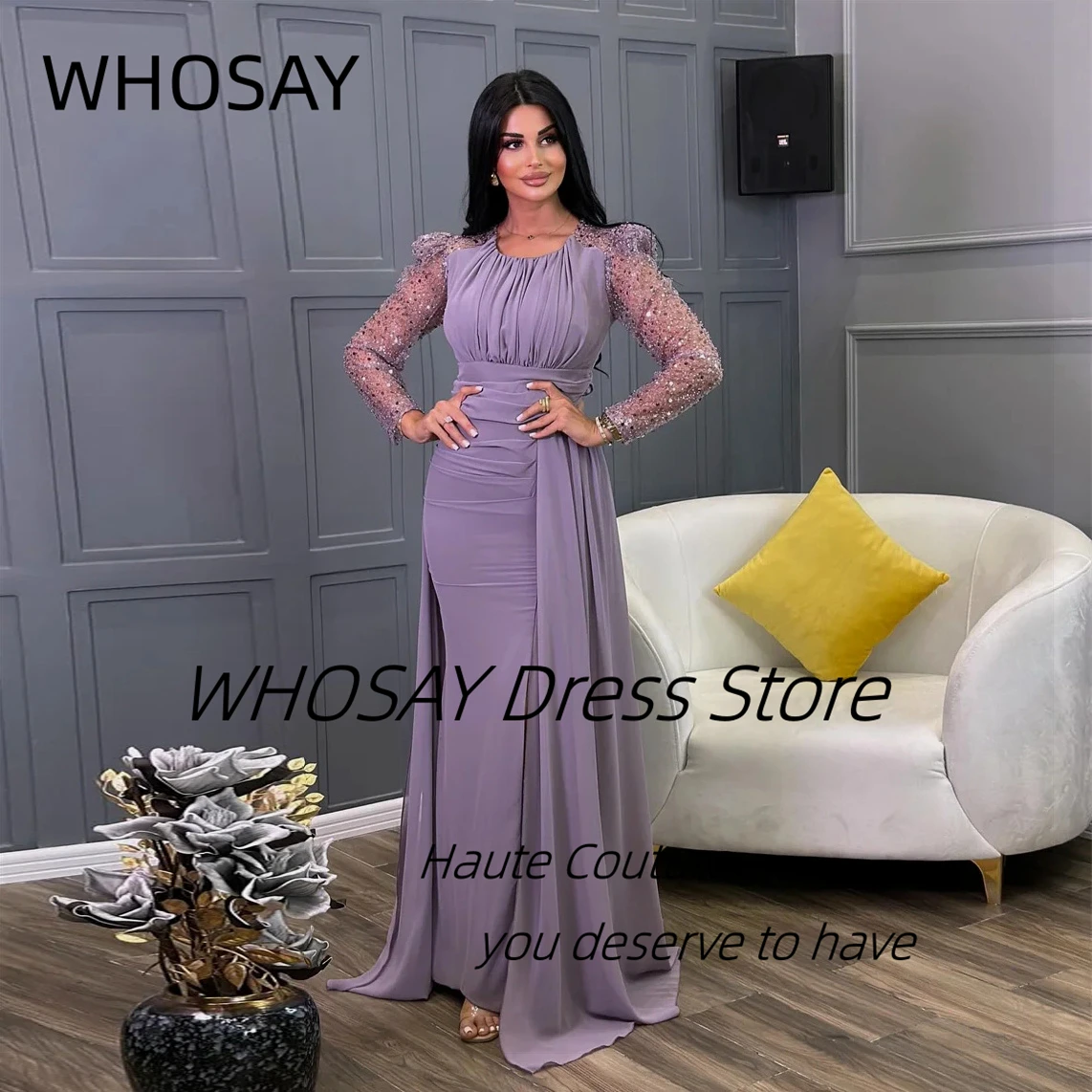 

WHOSAY платья для выпускного вечера с блестками и длинными рукавами Abendkleid платья для особых случаев с разрезом по бокам платье для помолвки по индивидуальному заказу