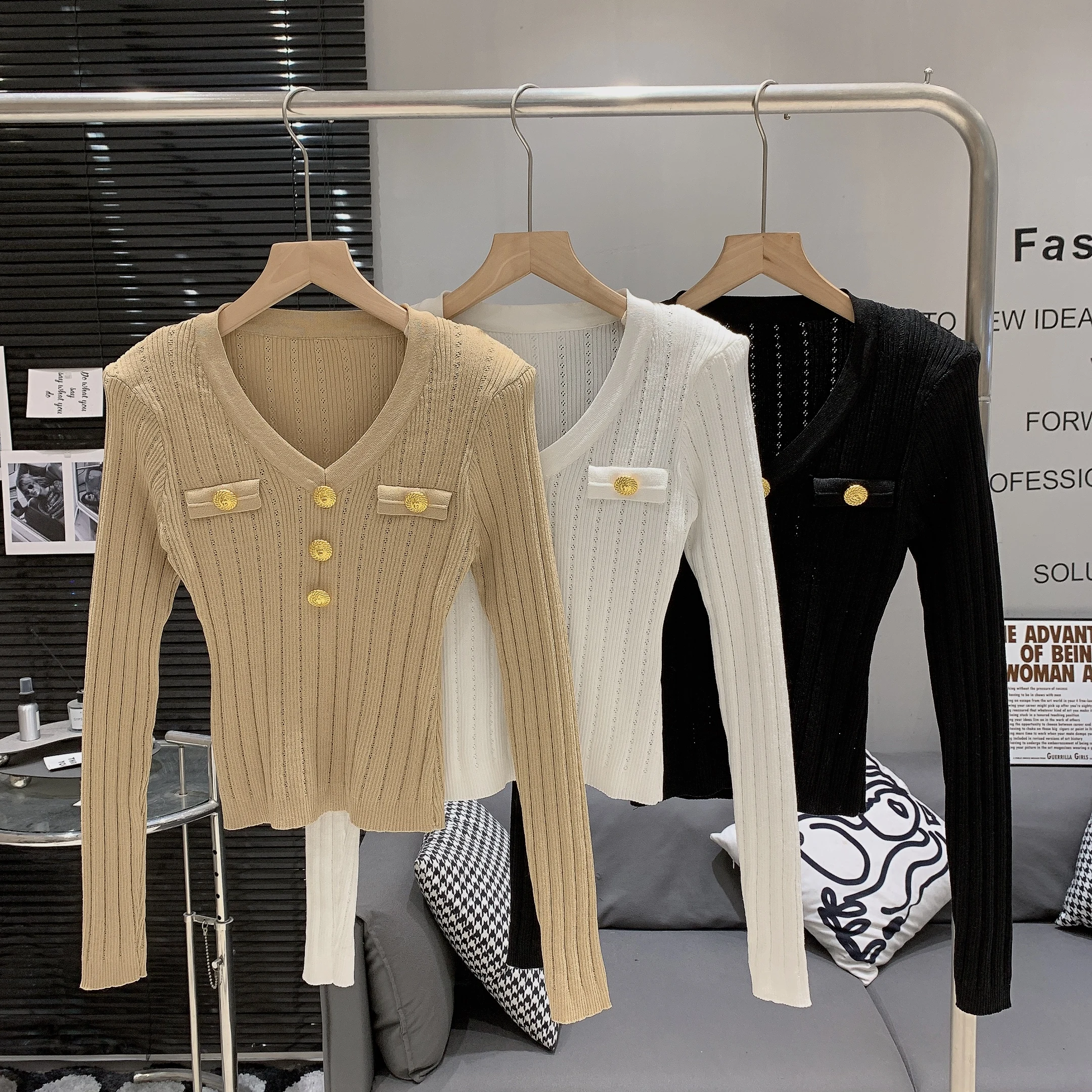 

Women's Autumn Winter Elegant V Neck Long Sleeve Slim Sweater Lady Pullover Solid Color Stretchable Basic Jumper Top