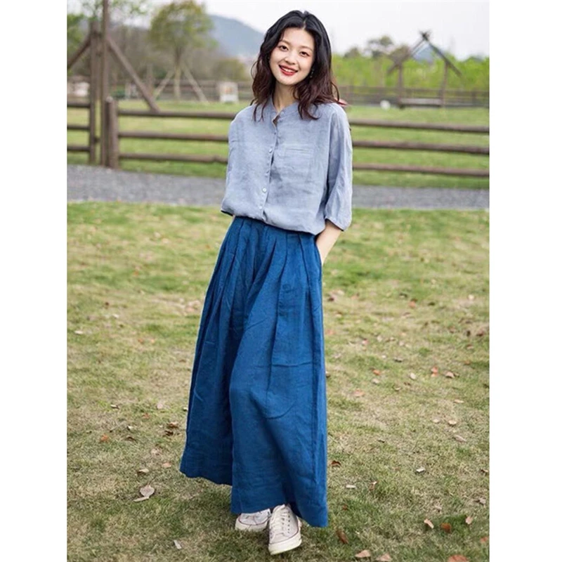 Arts Style New Arrival Summer Women All-match High Waist Ankle-length Pants Casual Loose Elastic Waist Wide-legged Pants T115