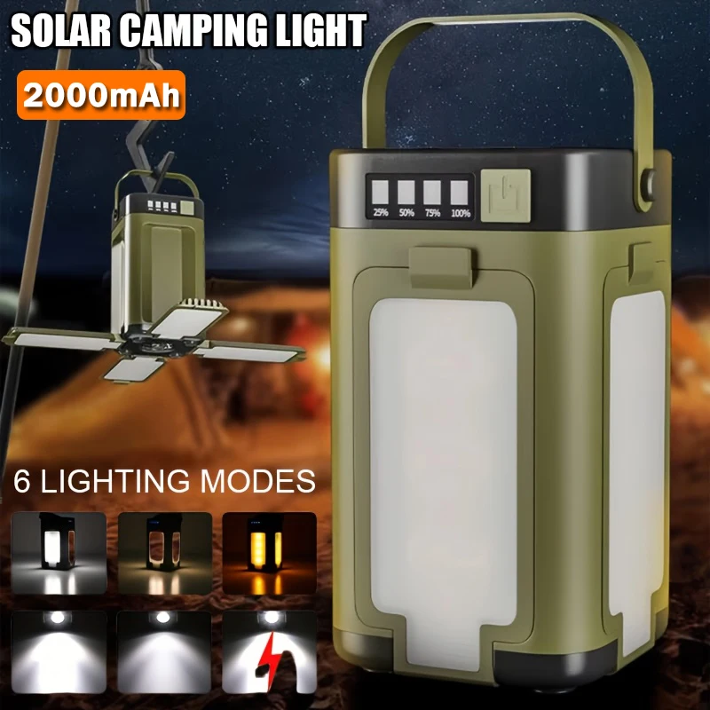 2000mAh Solar Camping Light Type C Rechargeable Foldable Portable Tent Light with Intelligent Display Outdoor Hanging Lantern