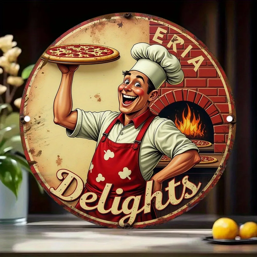 لافتة قصدير معدنية كلاسيكية مبتكرة ثنائية الأبعاد "Happy Chef Holding Delicious Pizza" - فن القصدير لديكور المنزل، فن جداري ممتع | مناسبة للمنزل #4