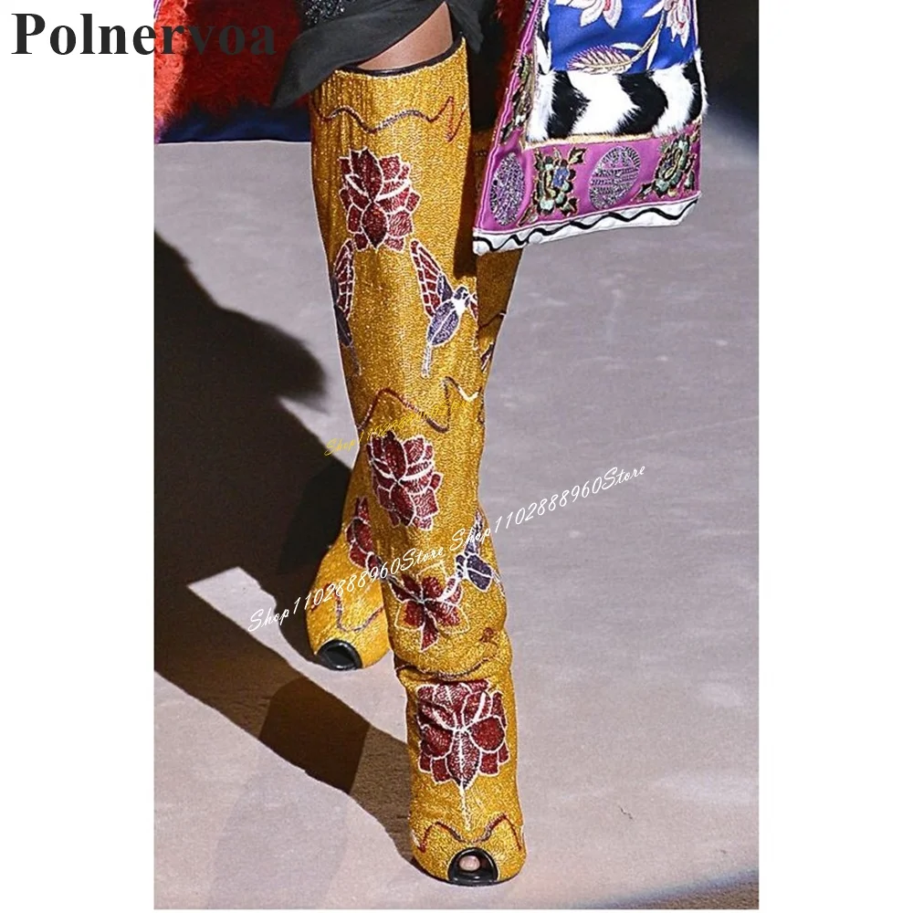 Over The Knee Gold Flower Print Boots Thin High Heel Runway Shoes For Women Slip On Peep Toe 2024 Fashion Zapatos Para Mujere