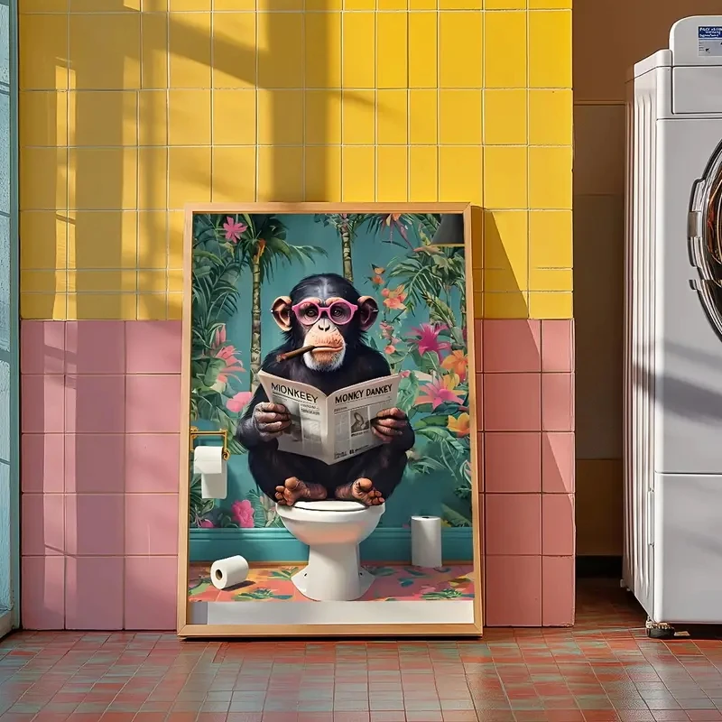 Modern Art Interesting Orangutans Reading Newspapers on The Toilet Wall Art Canvas Paintings Bedroom Living Room Wall Home Decor - Image 2