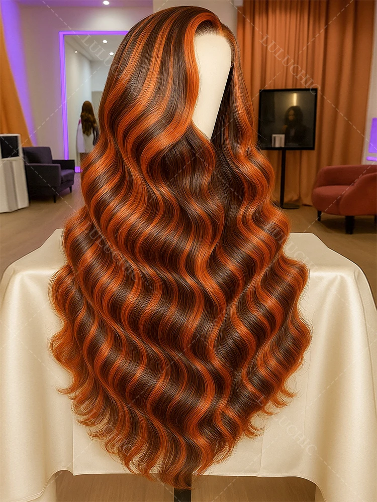 

#4/350 Omber Ginger With Brown Highlight Wig Body Wave Brazilian Remy Pre Plucked Brown Color 5x5 Glueless Ready To Wear Wigs