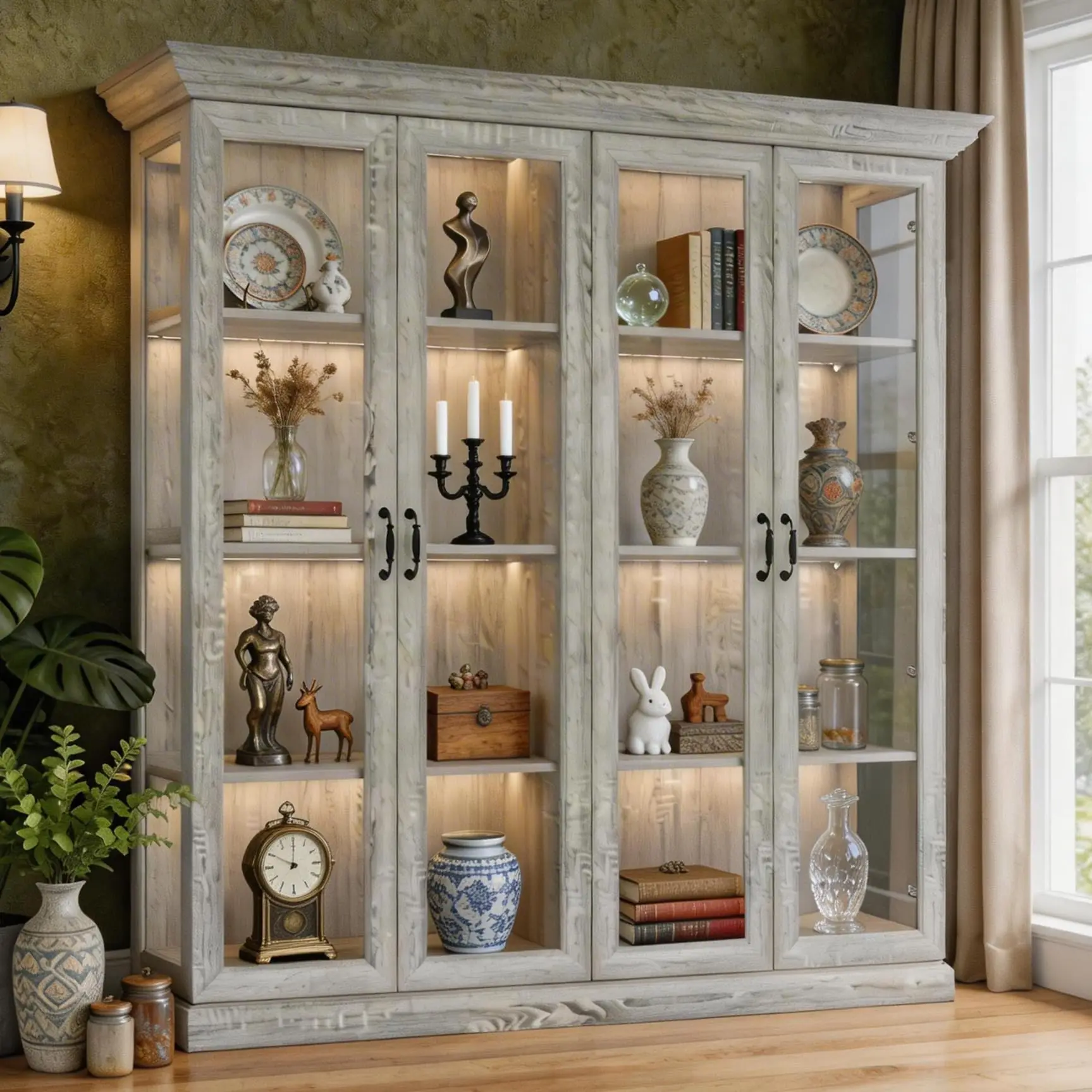 Display Cabinet, Bookshelf, Living Room Storage Cabinets Bookshelf, Tall Bookcase with 4-Tier Shelves, a Light Strip