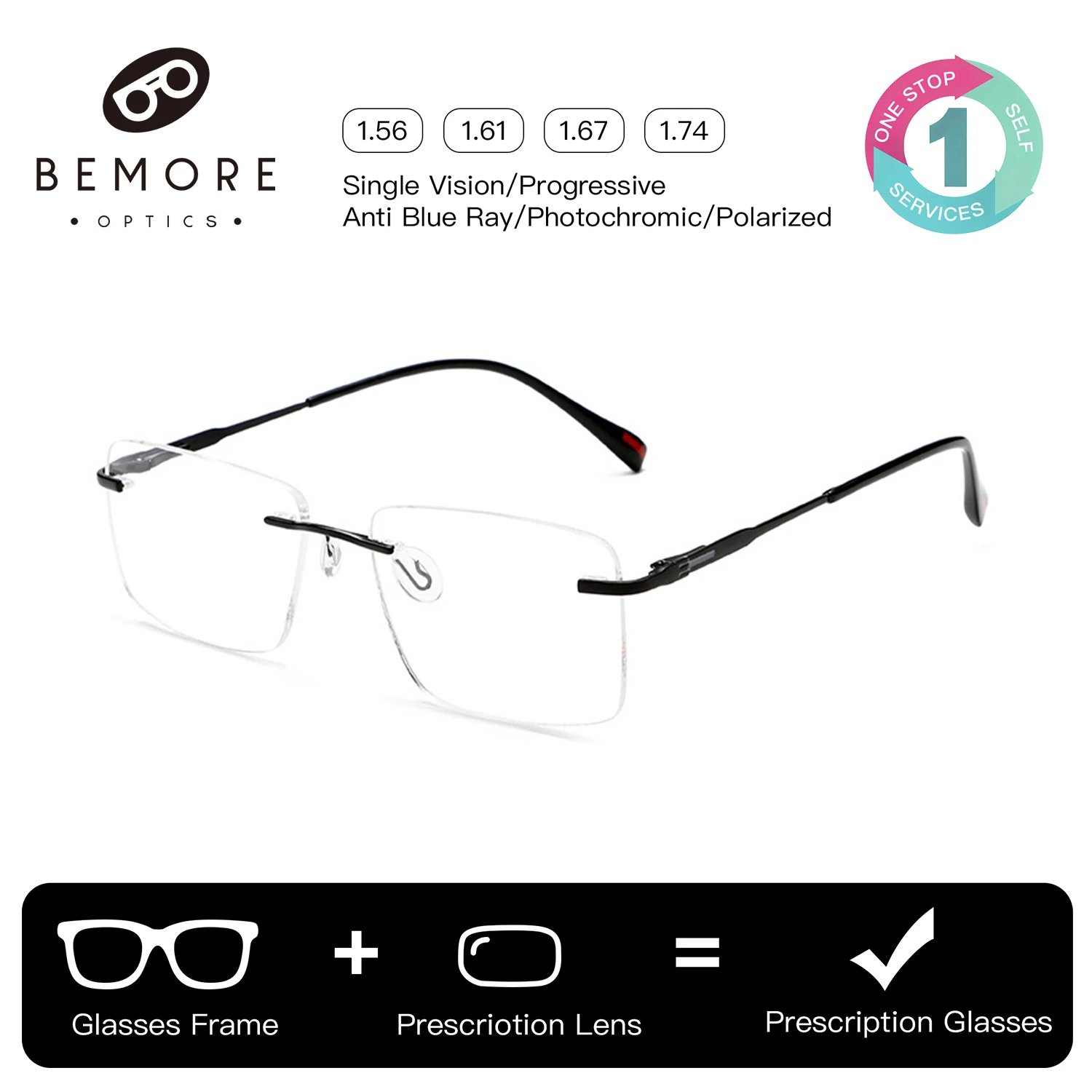 BEMORE Rimless Prescription Glasses For Men Alloy Photochromic Anti Blue Light Myopia Optical Eyeglasses