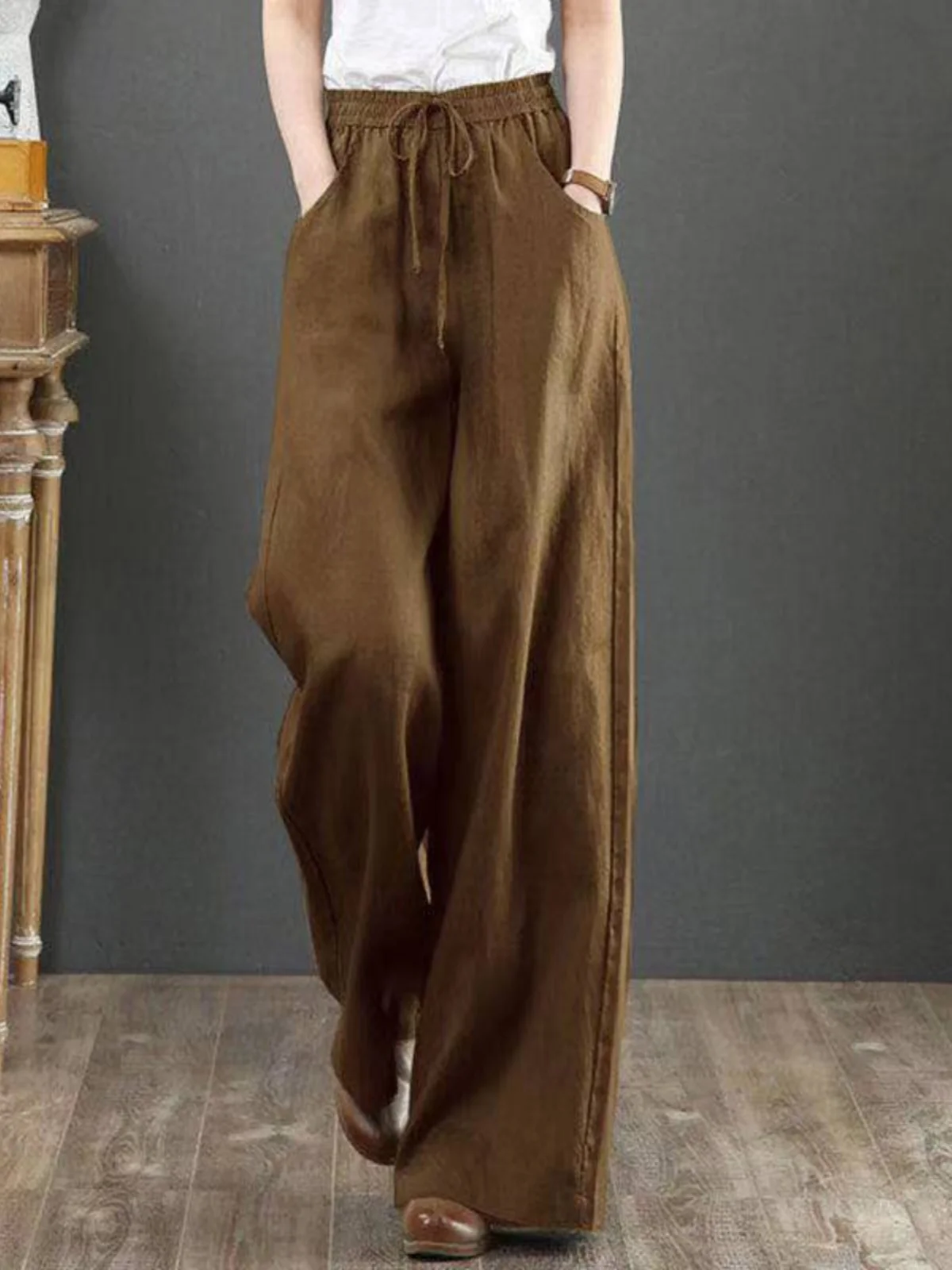 

Loose Wide Leg Pants Women's Large Size Slimming Drapey Straight Cotton Linen Long Casual Trousers High Waist Korean Sle