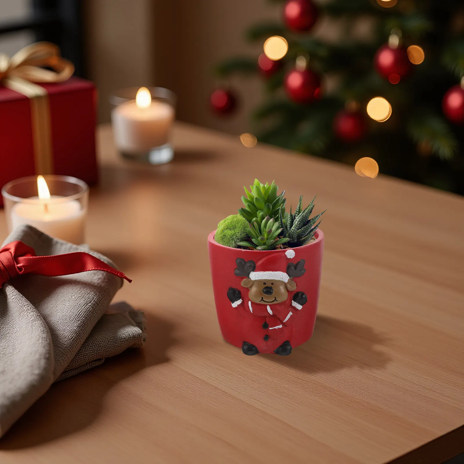 Succulent Planter Pot Ceramic Christmas Reindeer Theme Indoor Plants Flowerpot Holiday Decor Small Desktop Ornament Cute Animal
