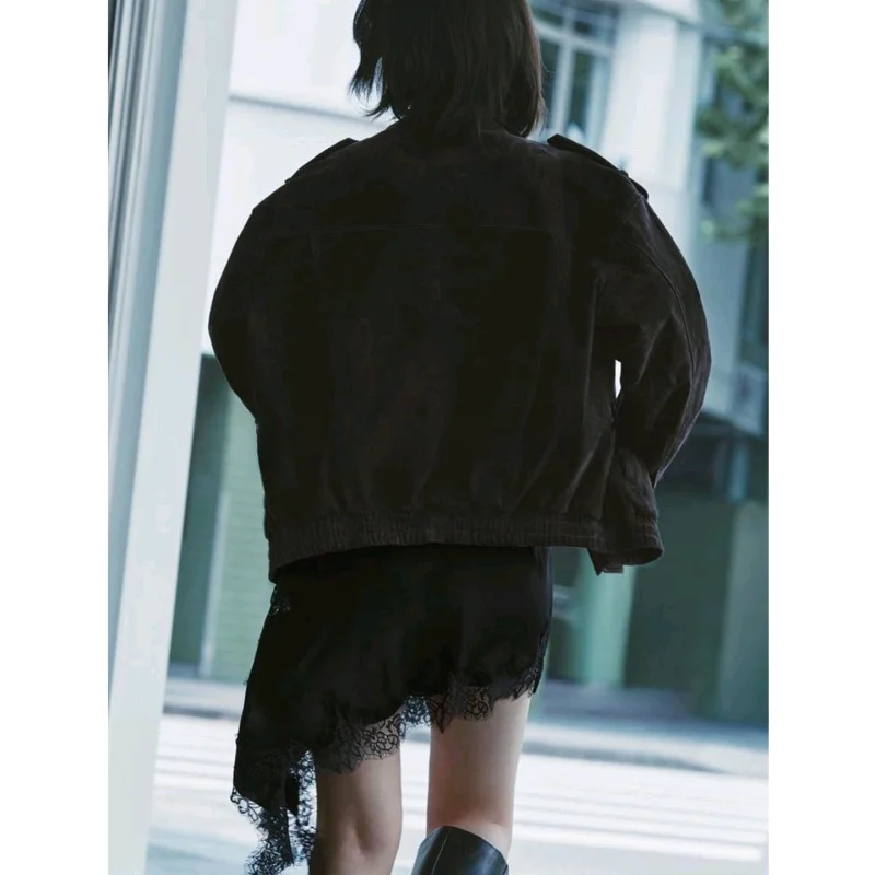 เสื้อโค้ทผู้หญิงสไตล์ลำลอง ตกแต่งซิป คอตั้ง แขนยาว ผ้าหนังเทียม ทรงหลวม ผ้าโพลีเอสเตอร์