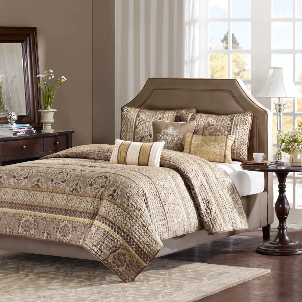 

Mirage 6 Piece Jacquard Quilted Coverlet Set - Brown/Gold Bedspread on the Bed Plaid Full/Queen Bedspreads for Bed Cover Double