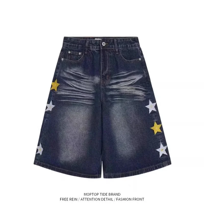 

Retro American Star Embroidery Denim Shorts Casual Loose Wide Leg Five-Point Pants Trendy Brand Unisex Summer New Style
