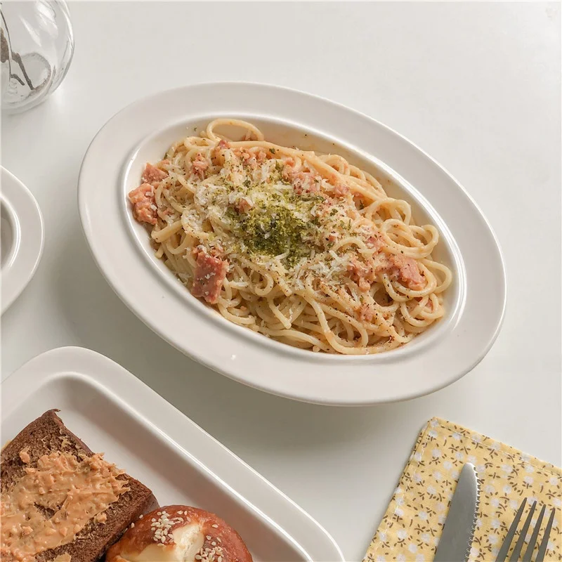 Plato de Cerámica Estilo Coreano, Forma Redonda, Plato Hondo para Pescado al Vapor, Pasta, Desay, Dieta Baja en asas, Va...