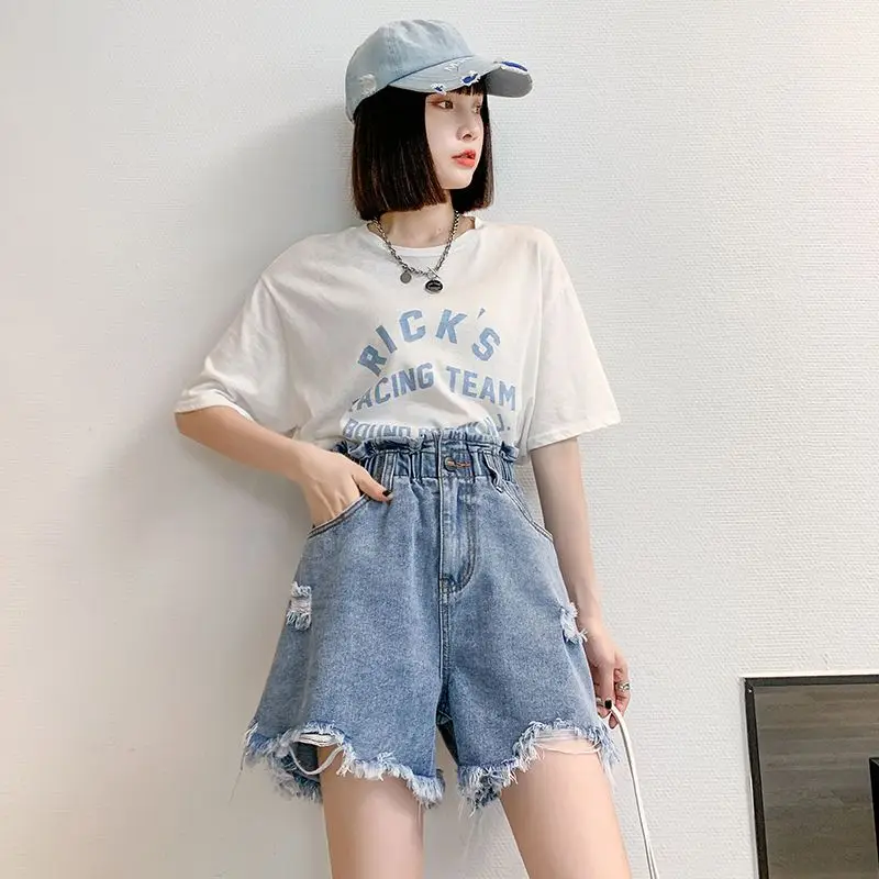 Large Size Perforated Denim Shorts for Women\'s Summer A-line Wide Leg Loose High Waist Slimming Fashion Shorts