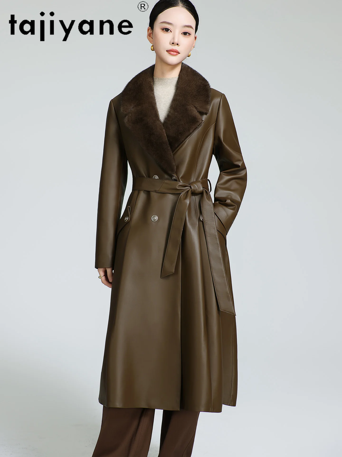 TAJIYANE 100 % genarbtes Schaffell, weißer Gänsedaunenmantel für Damen, lange Pufferjacke aus echtem Leder mit Nerzkragen, 2025, Winter