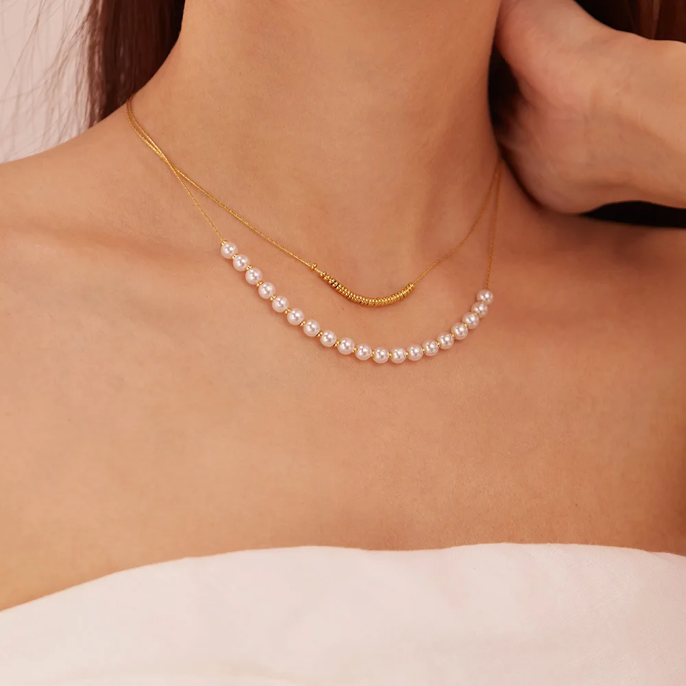 Doppelschichtige Perlenketten aus Edelstahl für Damen, frische, süße Schlüsselbeinkette, modischer, vielseitiger Schmuck – Detail 6