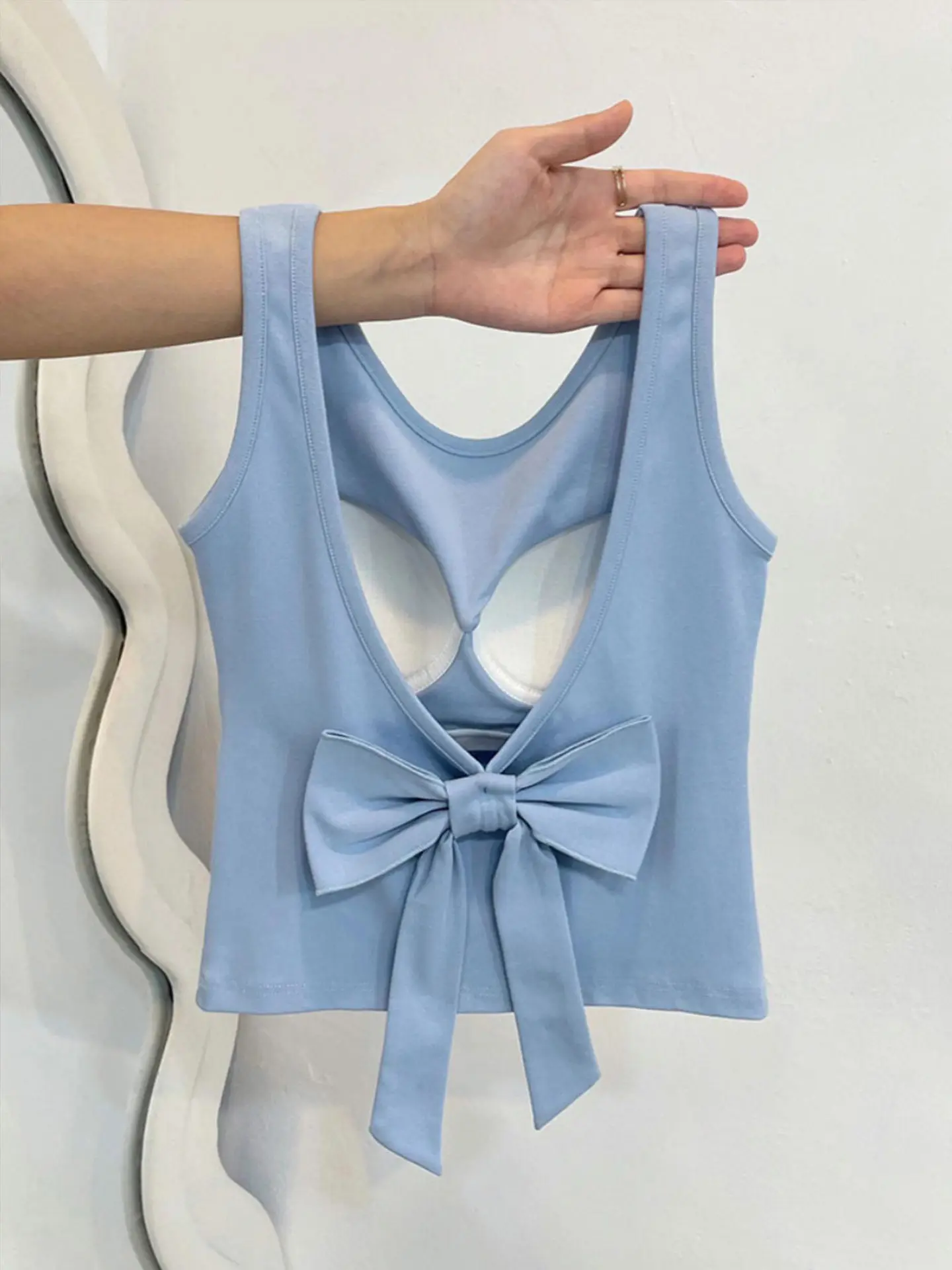 French Style Bow Knot Backless Cami 2026 Summer Built-in Bra Anti-Slip Yoga Pure Cotton Breathable Women's Layering Top for Gym