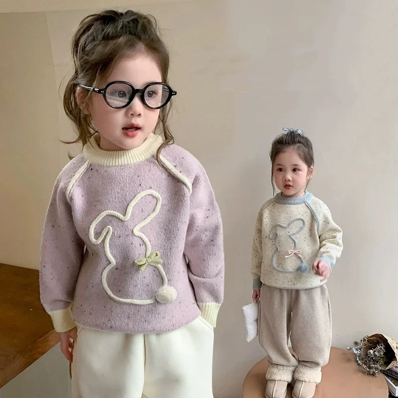 

Вязаный свитер для девочек, осенне-зимний пуловер с милым кроликом, теплый и удобный топ с длинными рукавами, детская одежда для детей 2-8 лет