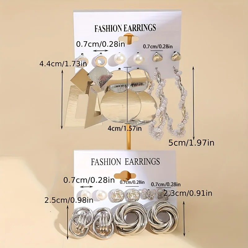 Punk Geometry Metal Pendant Drop Earrings Fashion Imitation Pearl Twisted Round Earrings Set Women\'s Vintage Party Jewelry