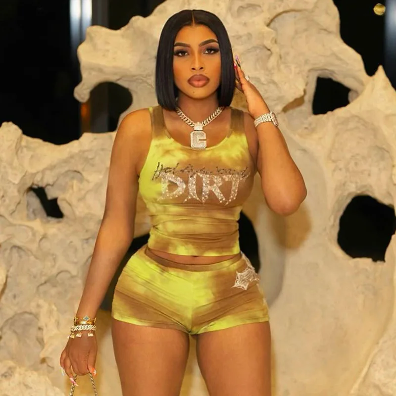 

Sexy spicy girl mesh butterfly print pleated sling waist cinching slim fit vest and shorts set