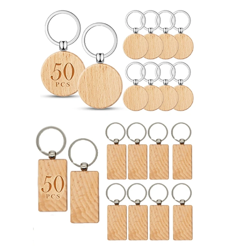 100 Pcs Blanks Unfinished Wooden Key Ring Key Tag DIY Keychain For DIY Crafts(Round+Rectangle)