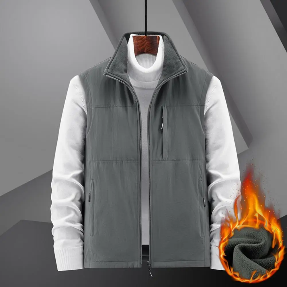 

Solid Color Vest Coat Men's Winter Fleece Vest Coat with Multiple Pockets Zipper Closure Windproof Thermal for Autumn for Women