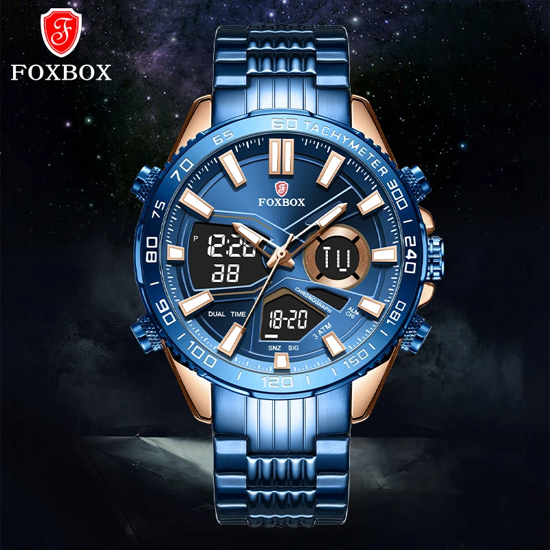 

NEW Mens Watches Luxury Fashion Sport Watch FOXBOX Brand Men Quartz Analog Digital Clock Male Waterproof Stainless Steel Watches