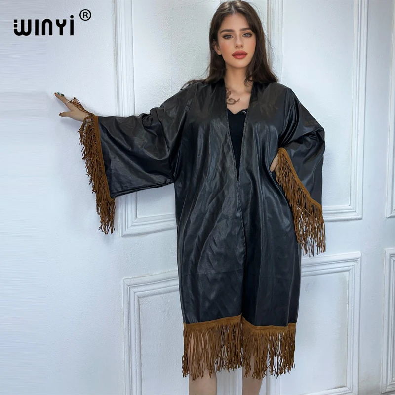 

WINYI Kimono Artificial leather Wrinkled cardigan Female Blouse abaya cover up women boho maxi dress party kaftan long down coat
