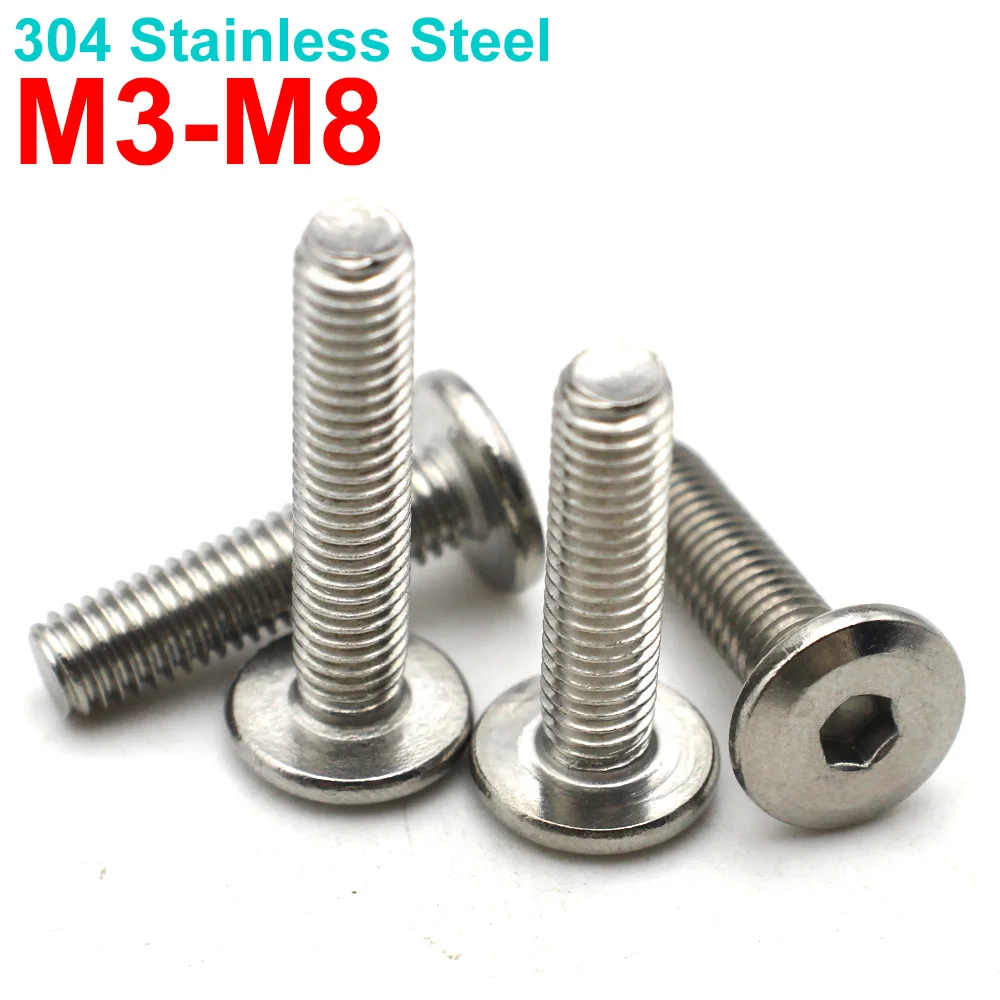 

304 Stainless Steel Furniture Joint Bolt Large Flat Head Chamfered Edge Allen Hex Socket Screw M3 M4 M5 M6 M8