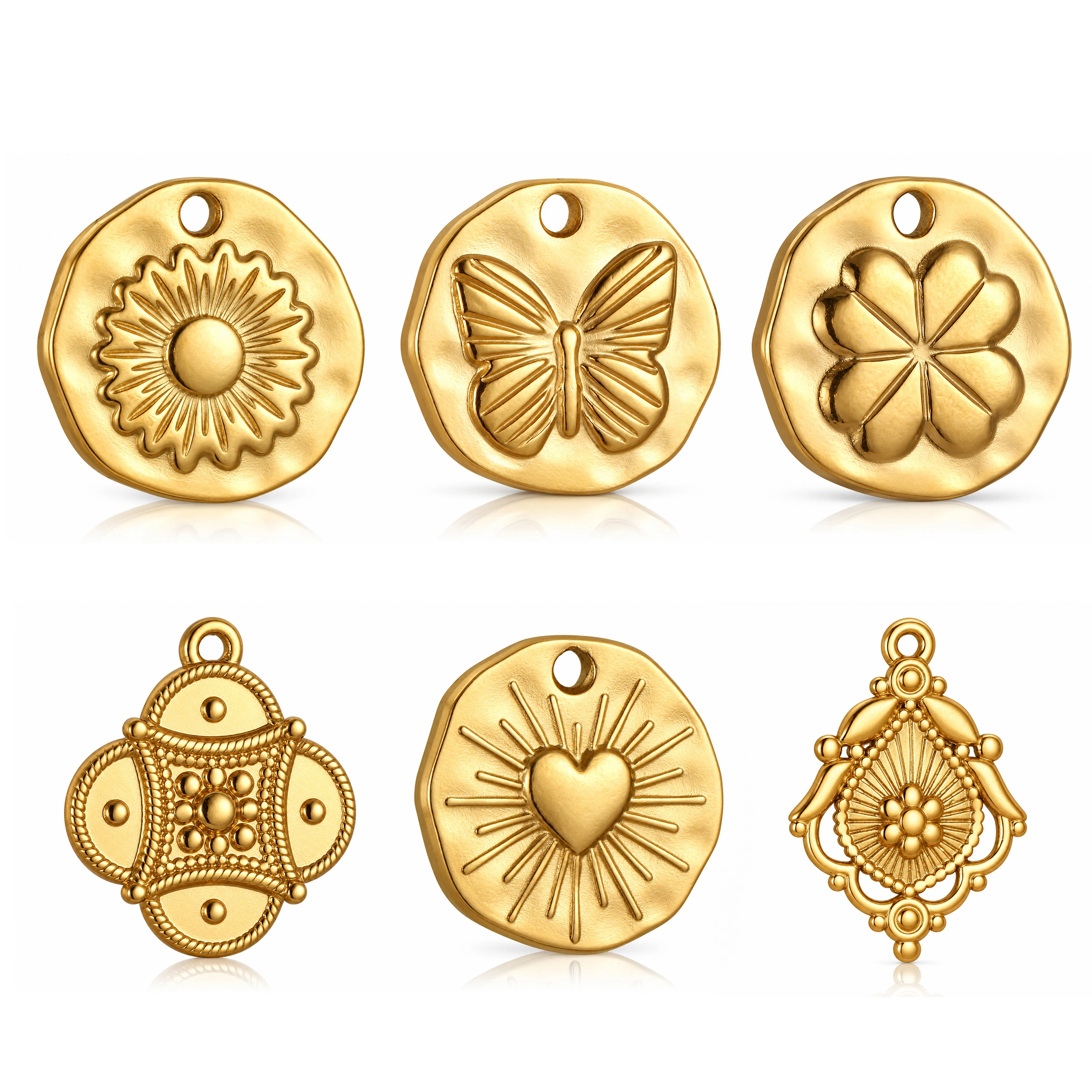 3Pcs Lucky Clover/Butterfly/Sunburst Heart Charm Stainless Steel Lucky Symbol Medal Pendant DIY Necklace Bracelet Jewelry Making