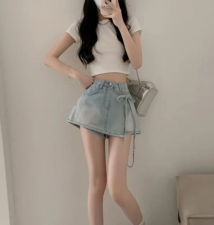 Irregular lace up skirt pants denim skirt women's fashion casual 2025 summer new women's clothing