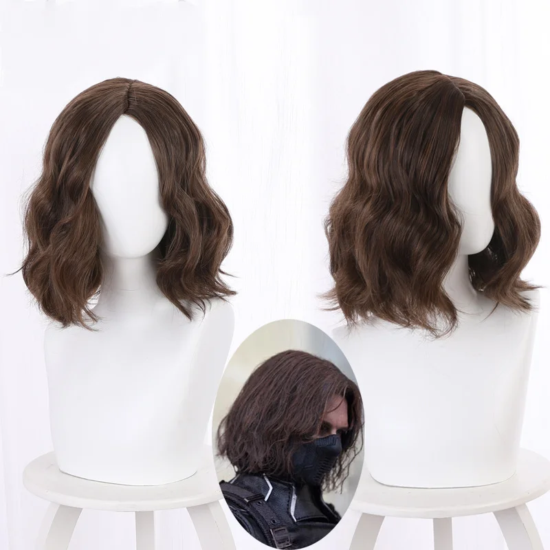 Brown Wavy Cosplay Wig Winter Soldier Bucky Barnes Wig Short Synthetic Hair Medium Length Halloween Costume Accessory Party Prop