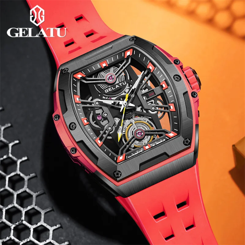 GELATU Men\'s Watch Tonneau Case Sapphire Glass Waterproof Automatic Mechanical Watch For Sporty Elegant Men Reloj Hombre