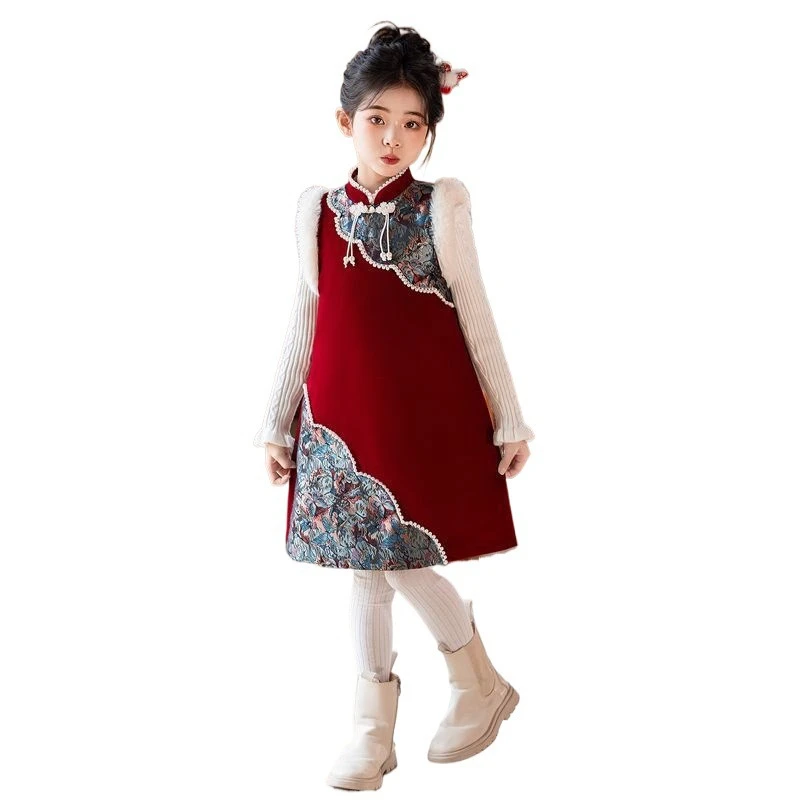 فستان بناتي شتوي جديد لعام 2025 من Hanfu Qipao فستان سترة حمراء + طقم سترة ملابس السنة الصينية الجديدة للأطفال فستان حفلات الزفاف المسائية