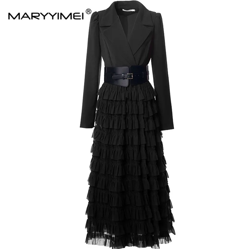 MARYYIMEI Elegant New Style Solid Color Coat Autumn Women's Turn-Down Collar Flounced Edge Long Sleeved Ball Gown Overcoat