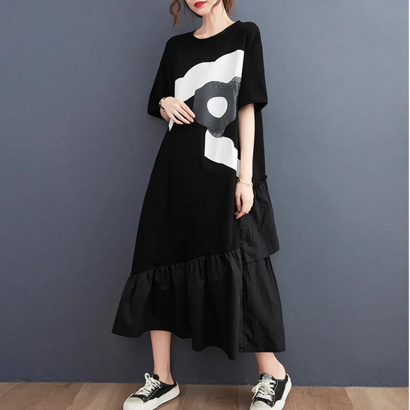 女性用の黒のロングTシャツドレス,スプリット,ジョイントフリル付き,Aラインカット,半袖,ルーズアシンメトリードレス,女性用ラウンドネック,#3899