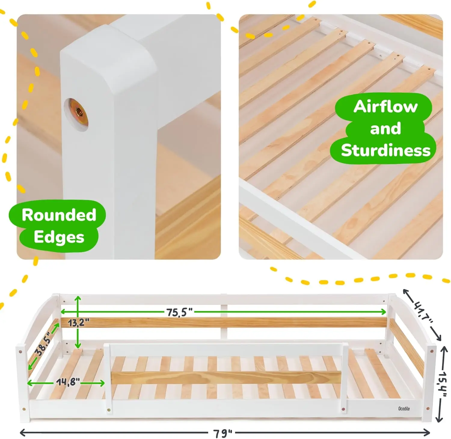 Cama de chão tamanho com guardas de segurança para crianças, cama de chão Montessori com 2 aberturas, estrutura de cama de solteiro para meninas e meninos