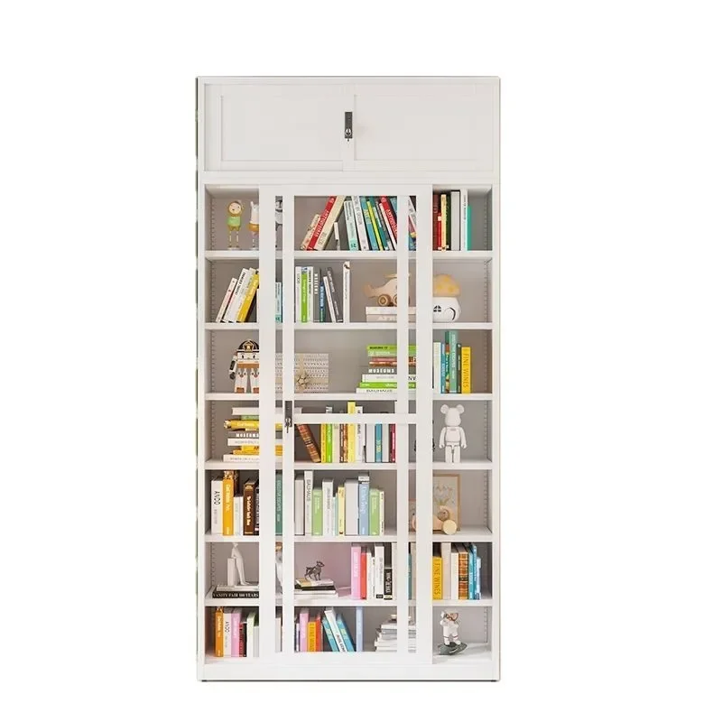 

Bookcase sliding door household documents stationery figure display storage cabinet wrought iron bookshelf with lock