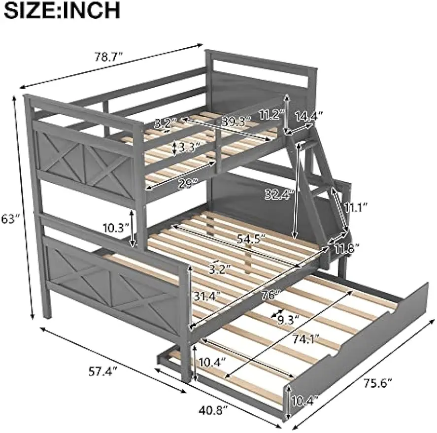 Twin Over Full Bunk Bed with Ladder, Trundle Bunk Bed with Solid Wood Frame, Safety Guardrail & Twin Size Trundle, Gray