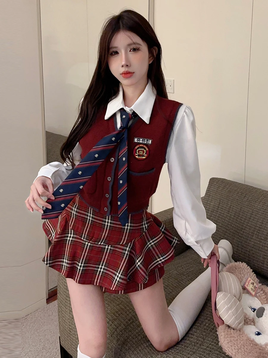 Korean College Style Jk Set Embroidered Slim Fit Open Cardigan Vest Shirt High Waist Color Block Plaid Skirt Three Piece Set