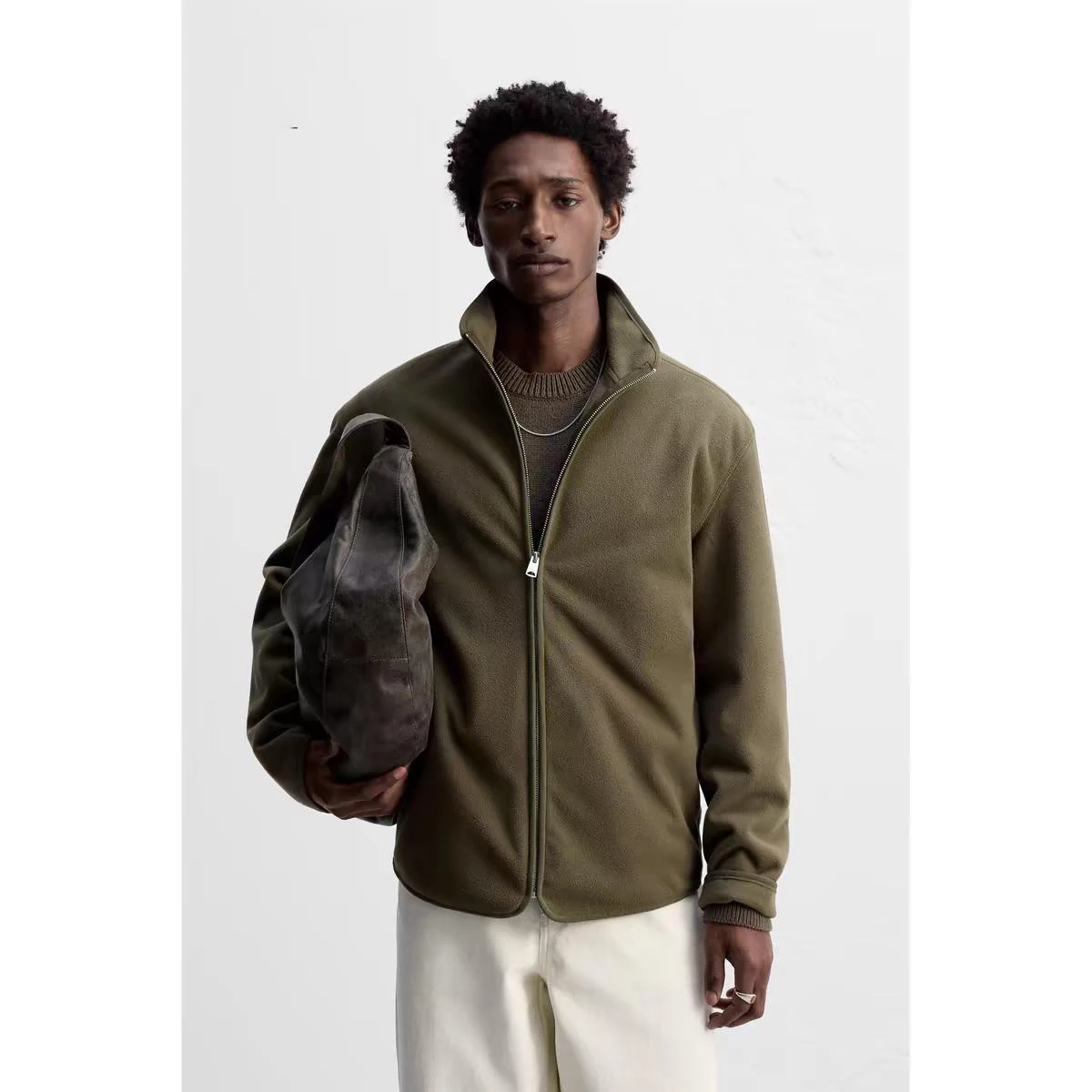 

Spring 2025 Men's Fce Lined Straight Leg Long Sve Stand Collar irt Jaet New Arrival Warmth Youth Faion Basic Sle